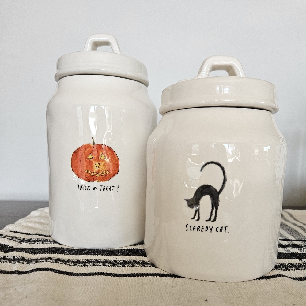 2017 Rae Dunn  Halloween Artisan Collection Fat Jack Cat 2 pc Canister Set